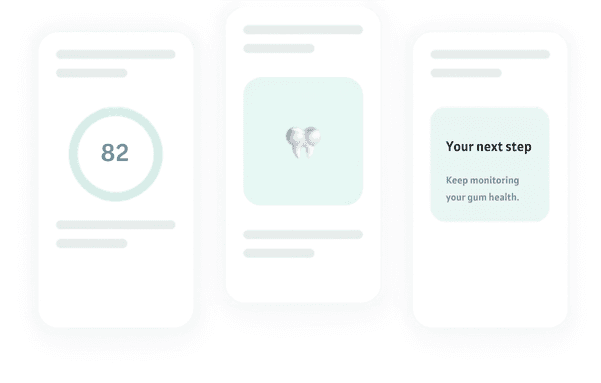 Three MyGumHealth app screens: a gum health score, a learning card and a suggested next step